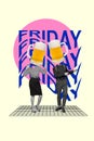 Photo party collage of two headless surreal people friends dancing beer lovers pint belgian ale friday discotheque