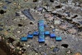 `Peace` peace sign on burned out concrete bench