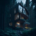 Ai generated a peaceful cabin surrounded by a dark forest under the starry night sky