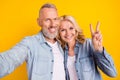 Photo of pensioner couple wife husband make selfie show v-sign smile enjoy isolated on yellow color background