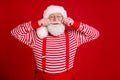 Photo of pensioner old groomed man hands play mustachio pretend musketeer show kids performance wear santa costume