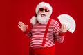 Photo of pensioner old man grey beard hold money cash fan play strap have fun millionaire wear santa x-mas costume Royalty Free Stock Photo