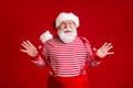 Photo of pensioner old man grey beard play straps funky entertain children newyear event wear santa costume suspenders Royalty Free Stock Photo