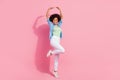 Photo of perfect pirouet ballerina movement contemporary dancing concept wear denim shirt isolated pink color background