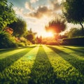 Perfectly striped freshly mowed garden lawn in summer Royalty Free Stock Photo