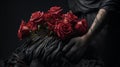 Surrealistic Installation: Black Person Holding Red Roses On Dark Background