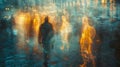 A photo of a person walking down a street with several blurred and transparent versions of them trailing behind like a