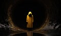 Photo of a person in a yellow raincoat standing in a dark tunnel