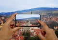 Photo by phone. Cesky Krumlov, view of the city Royalty Free Stock Photo