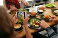 Photo On Phone. Closeup Woman Hands Photographing Food Royalty Free Stock Photo