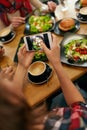 Photo On Phone. Closeup Woman Hands Photographing Food