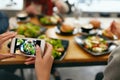 Photo On Phone. Closeup Woman Hands Photographing Food