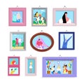 Photo picture in frame set, vector illustration. Family people character portrait at wall, happy man woman cartoon Royalty Free Stock Photo