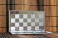 Photo with a picture of a steel chess Board. Metal board with reflection