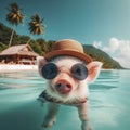 Photo Pig swimming on a beach. ai generative