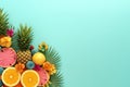 pineapple, orange fruit and flower in isolated blue background with copy space ai generated Royalty Free Stock Photo