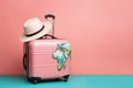 Photo pink suitcase with hat and globe on it