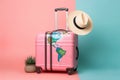 Photo pink suitcase with hat and globe on it
