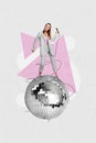 Photo placard collage of youngster careless girl hold microphone sing hobby discotheque disco ball isolated on grey