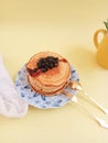 Photo of a plate of pancakes against a bright background