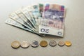 Photo of polish zloty bank notes and coins from Poland on grey background. Royalty Free Stock Photo