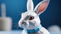 Photo Of Polygonal 3D Figurine Of White Rabbit On Blue Background, Bust Of Hare From Plaster. Generative AI