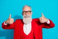 Photo portrait aged man in glasses showing like thumb-up sign isolated bright blue color background