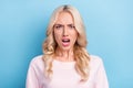 Photo portrait angry woman shouting arguing got bad mood isolated pastel blue color background Royalty Free Stock Photo