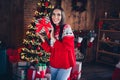 Photo portrait of attractive brunette young woman hold present box gift dressed ornament sweater living room christmas Royalty Free Stock Photo