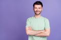 Photo portrait of attractive young man crossed arms toothy smile entrepreneur dressed stylish gray look isolated on Royalty Free Stock Photo