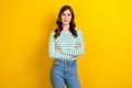 Photo portrait of attractive young woman crossed arms confident specialist dressed stylish striped look isolated on