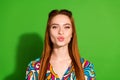 Photo portrait of attractive young woman kiss pouted lips dressed stylish retro clothes isolated on green color