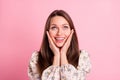 Photo portrait beautiful girl dreamy in printed dress amazed surprised staring isolated pastel pink color background