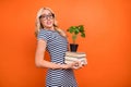 Photo portrait blonde woman wearing glasses keeping heavy book pile house plant isolated vivid orange color background