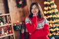 Photo portrait of charming smiling woman touch chin look mockup minded want wear old fashioned ugly sweater dreaming