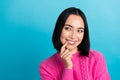 Photo portrait of cute charming japanese woman wear pink knitwear bite finger lovely looking mockup new salon isolated