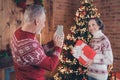 Photo portrait elder couple taking photo together with christmas presents smiling happy