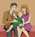 Photo Portrait of family. Father, mother and daughter. Retro cartoon illustration. Royalty Free Stock Photo