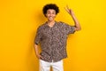 Photo portrait of funky youngster guy showing v sign greetings symbol hello people tourist shopping ad isolated on