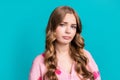 Photo portrait of funny young cute dissatisfied upset girlfriend in pink jumper stressed will cry on blue color