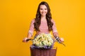 Photo portrait of girl with curly hair keeping hands on bicycle with basket of wild camomiles isolated on bright yellow