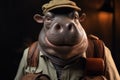 Photo portrait of happy hippopotamus wearing travel clothes, created with Generative AI technology