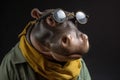 Photo portrait of happy hippopotamus wearing travel clothes, created with Generative AI technology