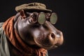 Photo portrait of happy hippopotamus wearing travel clothes, created with Generative AI technology