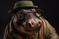 Photo portrait of happy hippopotamus wearing travel clothes, created with Generative AI technology