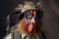 Photo portrait of happy rooster wearing glasses travel clothes, created with Generative AI technology