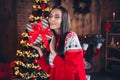 Photo portrait of lovely brunette young lady dream receive present dressed ornament sweater new year cozy home interior