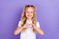 Photo portrait of lovely small girl tails smile fingers show heart love symbol wear stylish white look on