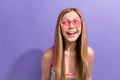 Photo portrait of lovely teen blonde lady empty space heart glasses dressed stylish striped garment isolated on violet