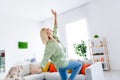 Photo portrait of lovely young lady dance cheerful clubbing wear trendy green garment interior design spacious bright